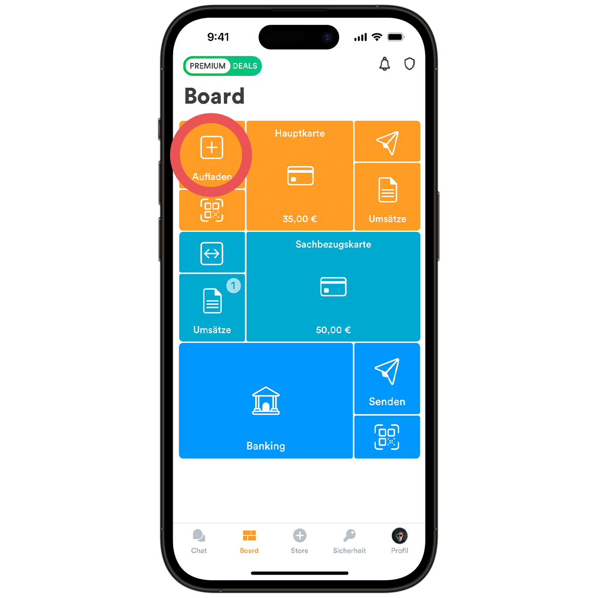 Ein Smartphone zeigt das Board der VIMpay App und ein rot umkreistes Plus Zeichen