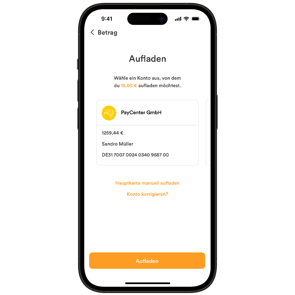 Ein Smartphone zeigt die Anzeige zur Auswahl des Aufladekontos